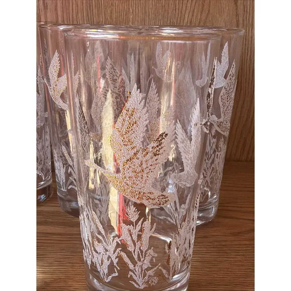 Bartlett Collins Pokee’ 8 Glass Set 22KT Goose Deer/Thistle Pattern‎